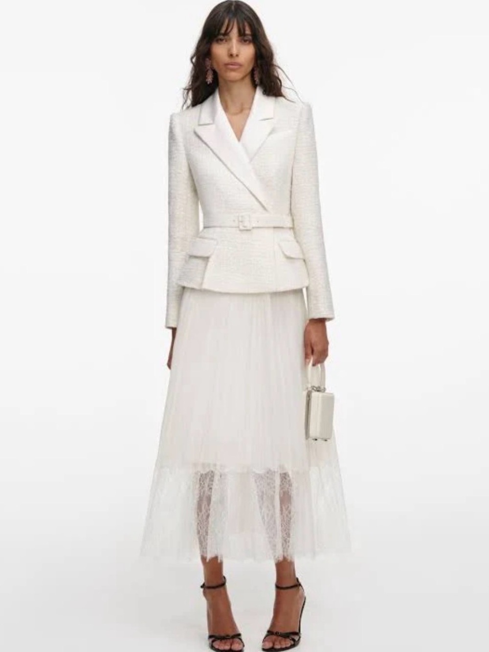 Self-Portrait Cream Boucle Chiffon Lace Midi Dress Belted Kate Middleton US 2